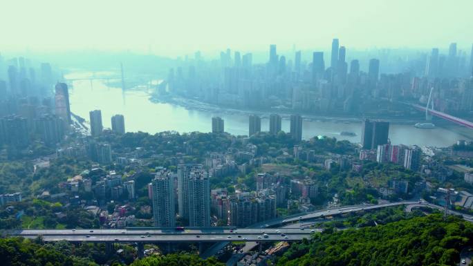 航拍重庆城市风光高楼林立桥梁建筑车流延时