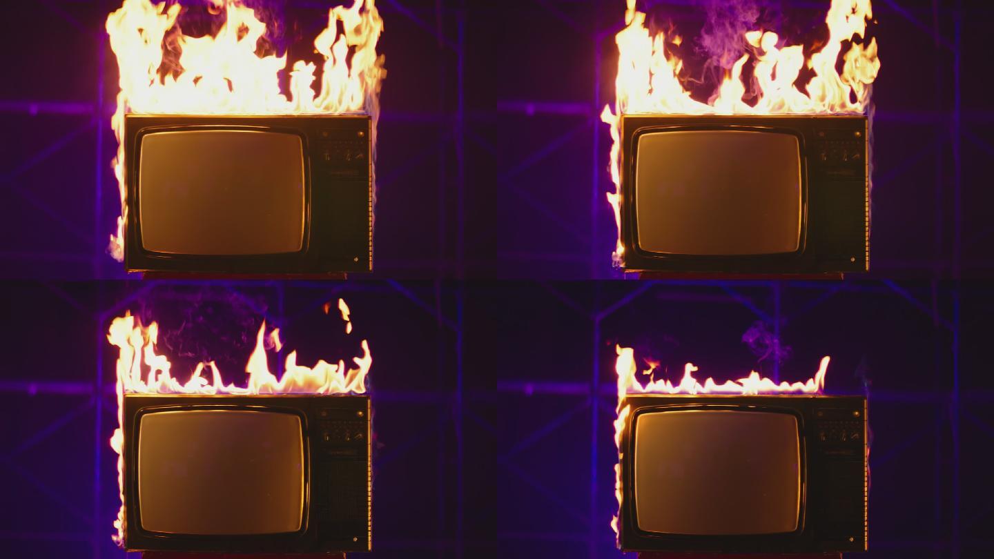 旧电视机着火了。起火火苗失火