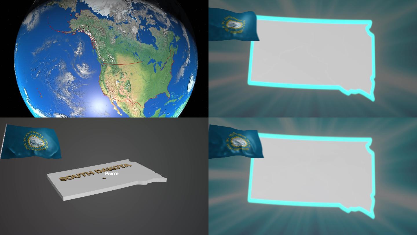 3d动画地球，显示美国和南达科他州的边界