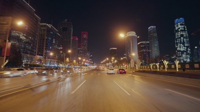 8K车载拍摄北京CBD夜景车拍城市道路