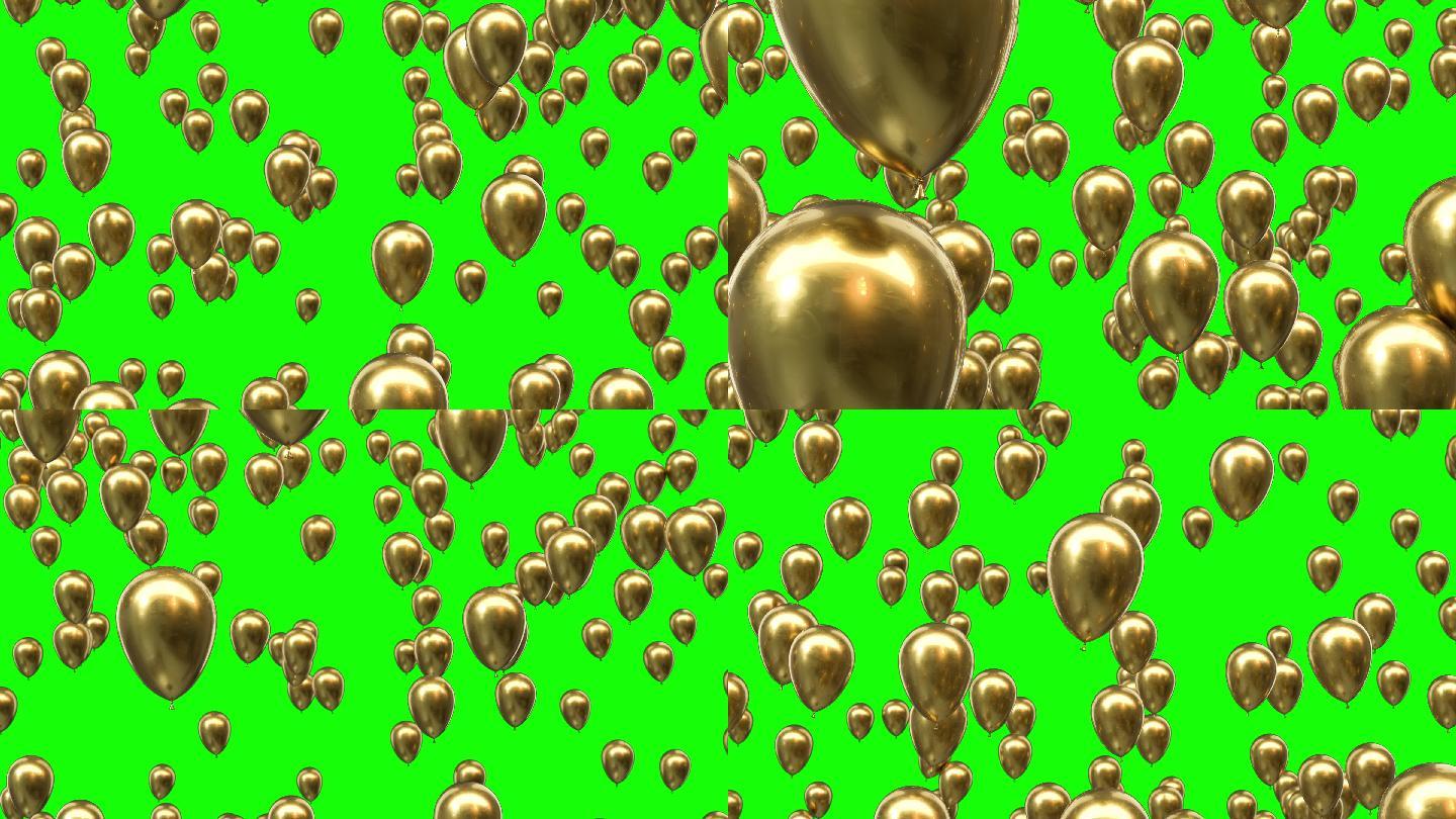 从下到上飞行的金色氦气球在绿色屏幕背景
