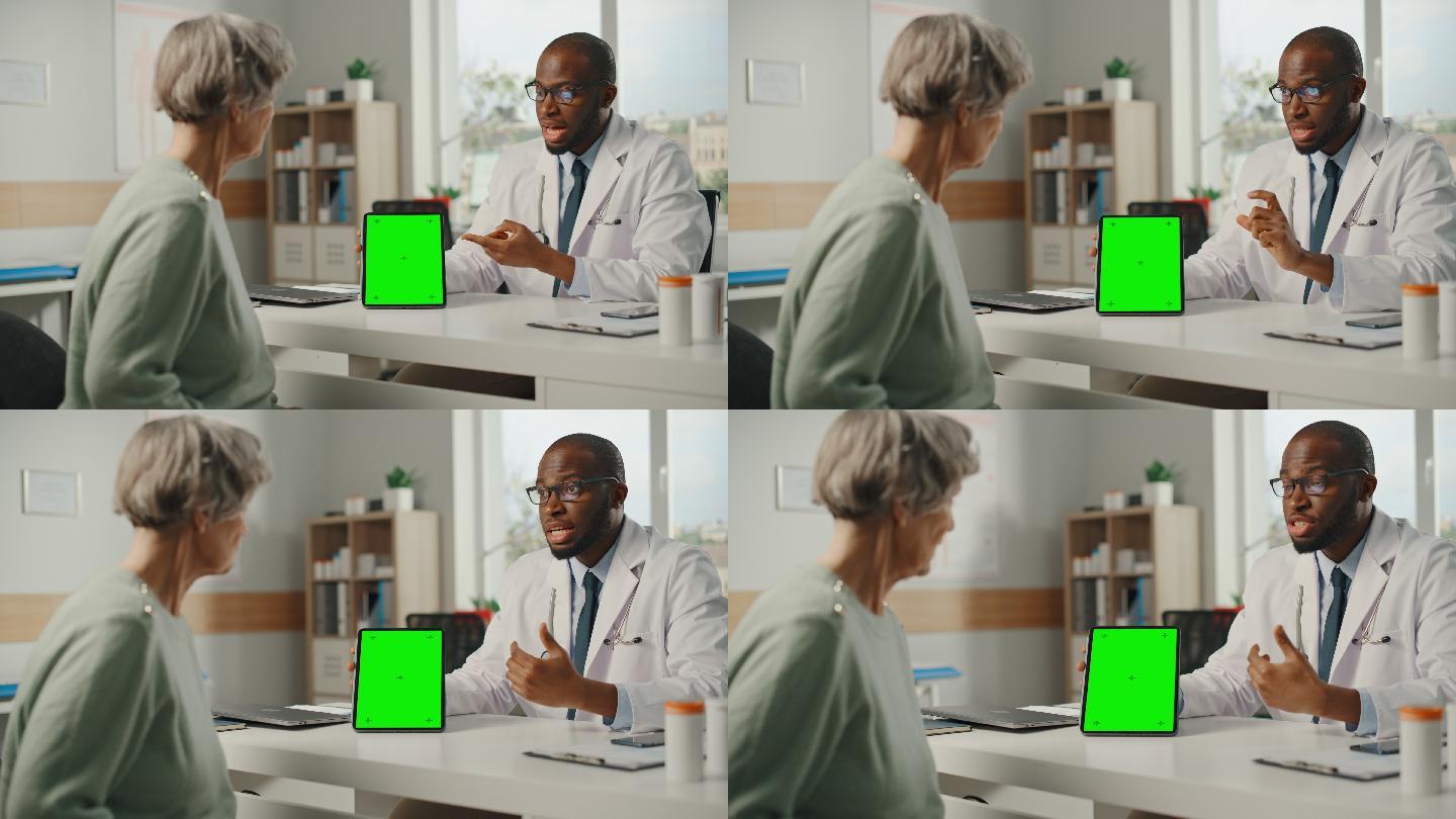 医生向老患者展示带有绿色屏幕的平板电脑