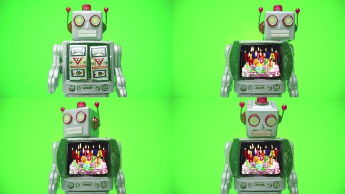 一个复古电视机器人带着生日快乐的信息