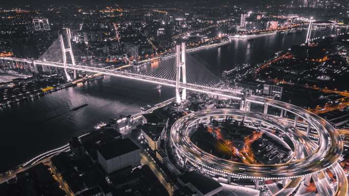 上海南浦大桥航拍延时夜景