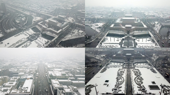 陕西西安南门钟楼城墙下雪4K航拍视频素材