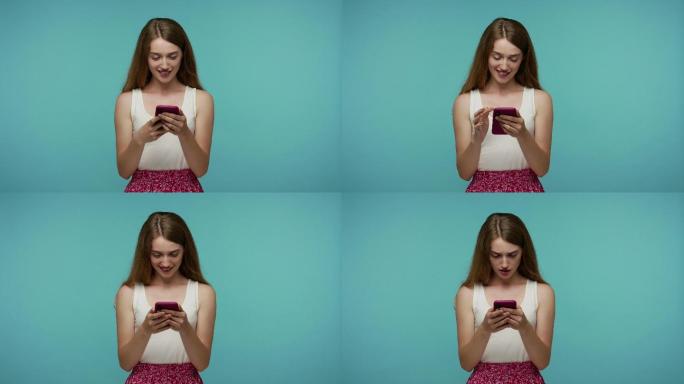 女孩在手机上打字，在社交网络上聊天