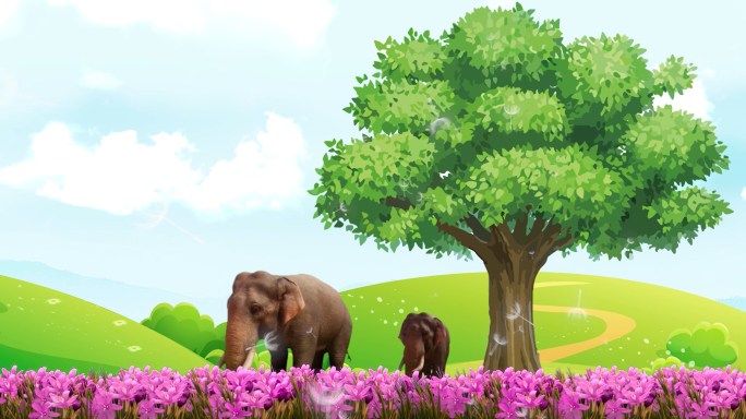 繁花盛开草原下的大象