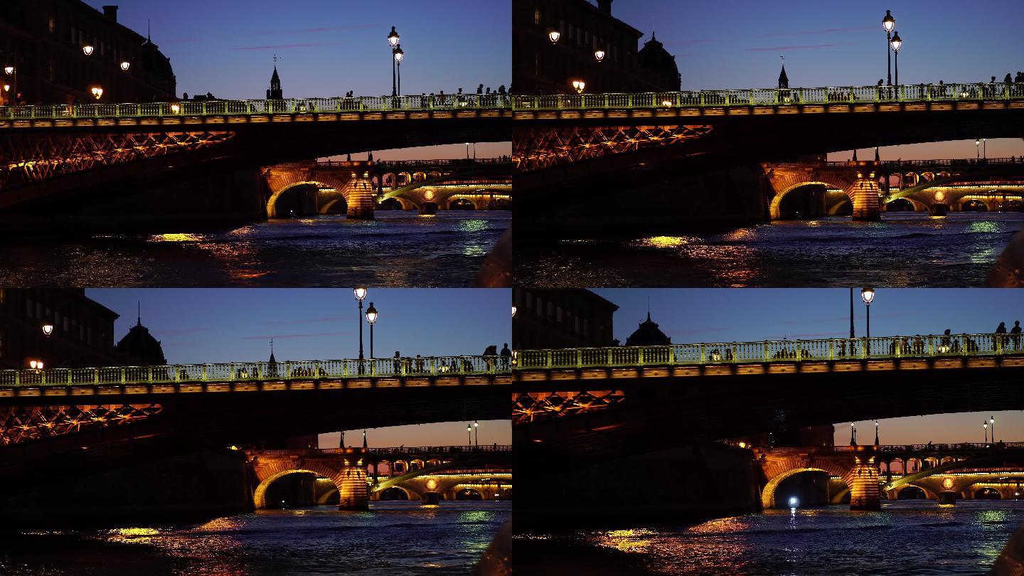 晚上巴黎。塞纳河夜景夜晚桥梁北部大河