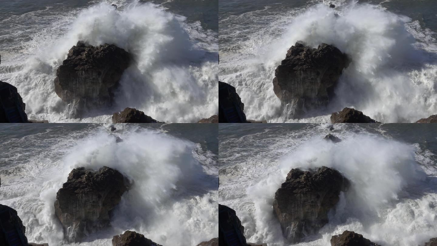 海浪升格慢动作大风大浪拍打礁石