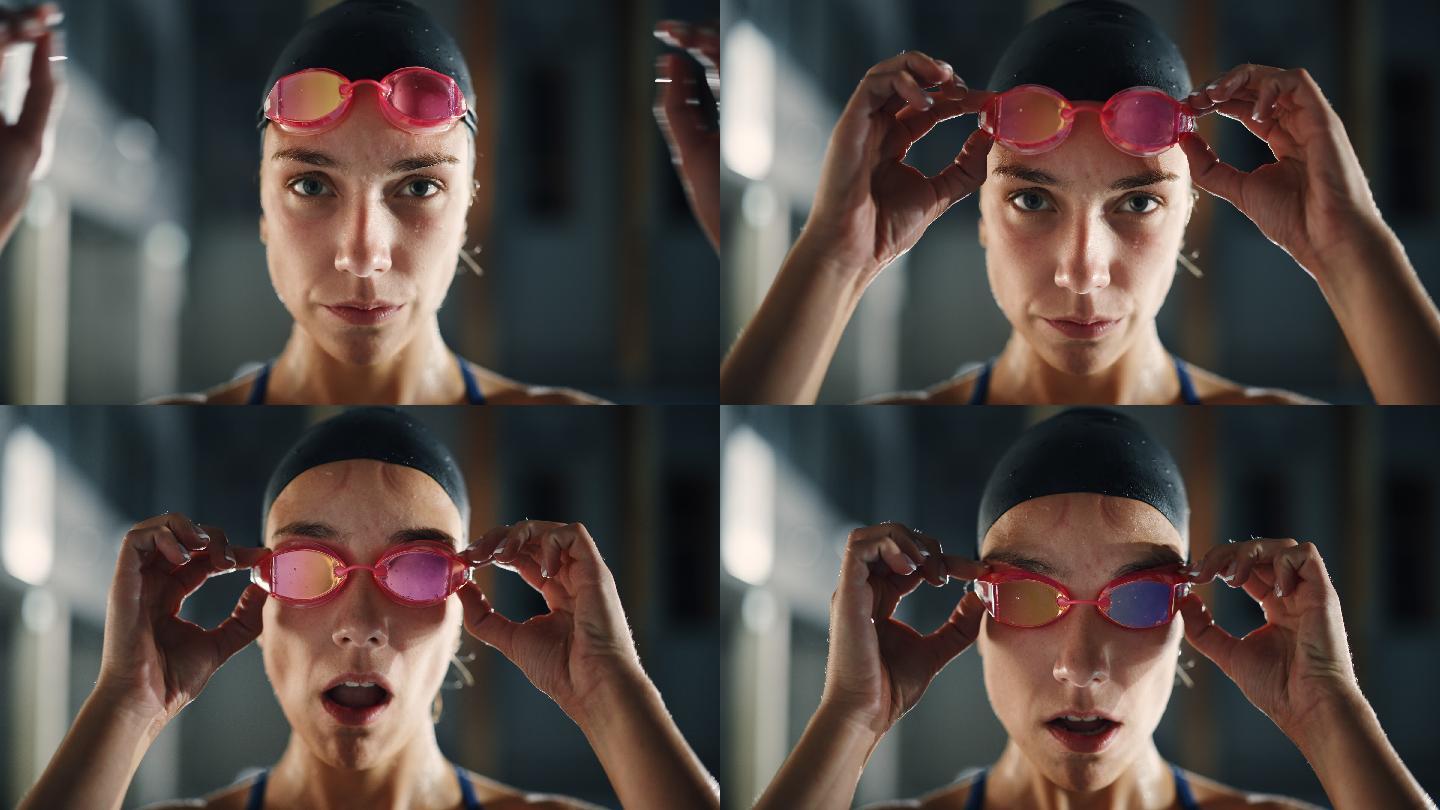 职业女游泳运动员带上眼镜选手泳池日常