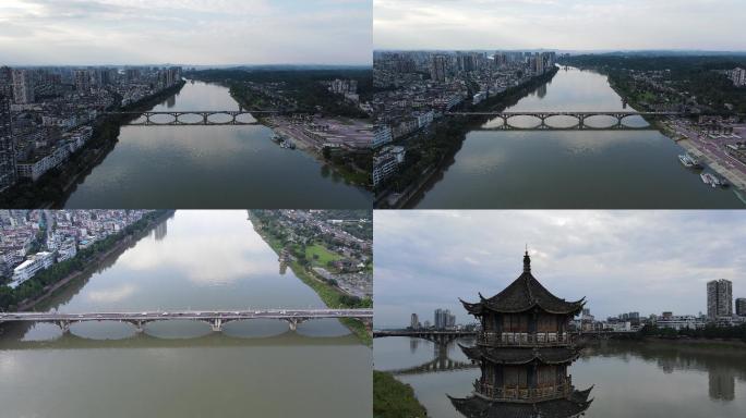 乐山城市古楼岷江航拍大桥河流