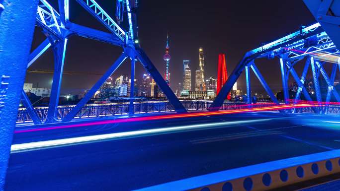 上海外白渡桥夜景车流延时摄影