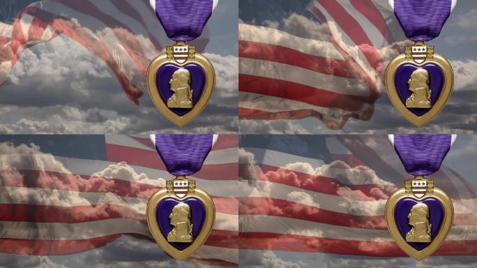 紫色心形奖章，带时间圈云彩和挥舞的国旗