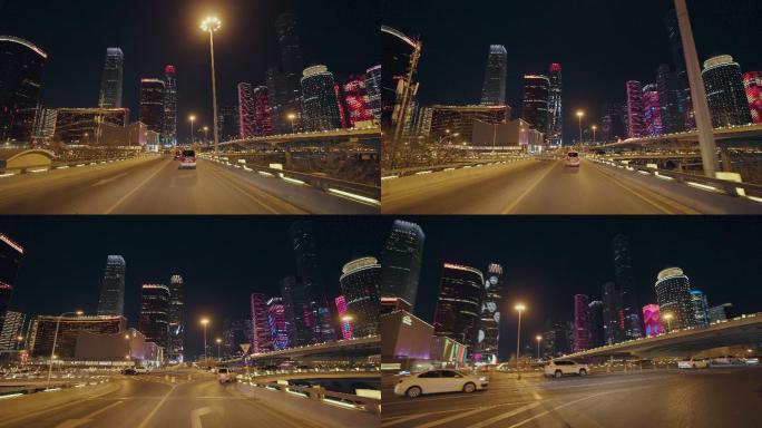 车载拍摄北京CBD夜景 车拍城市道路