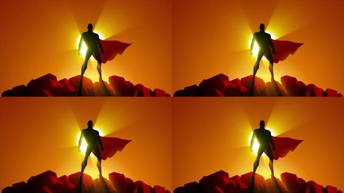 带挥舞斗篷和光动画的超级英雄