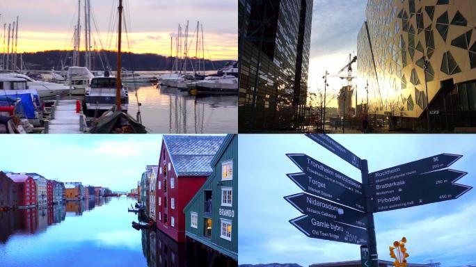 欧洲挪威风光 游艇 彩色房屋 特隆赫姆