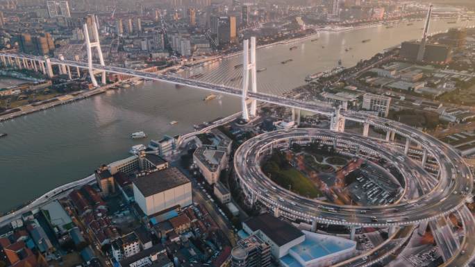上海南浦大桥航拍延时日转夜