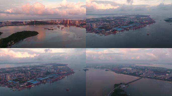 4K航拍防城港港口码头的朝霞