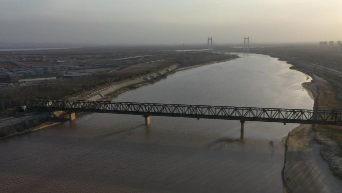 航拍济南跨河桥隧，济南津浦铁路黄河新桥