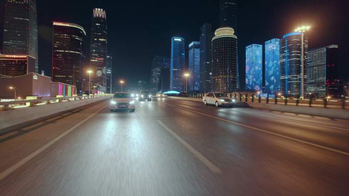 车载拍摄北京CBD夜景车拍城市道路