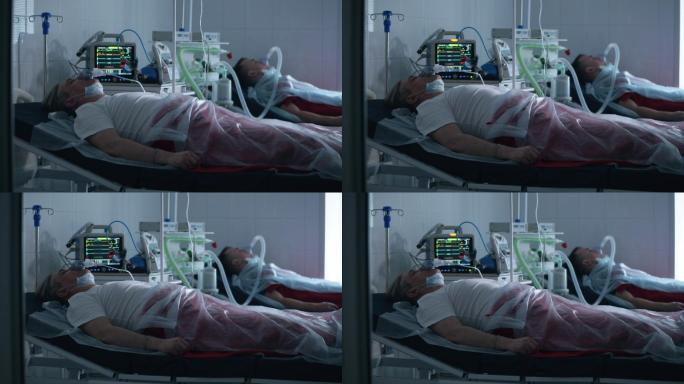 两名男子躺在医院里，用呼吸机呼吸。
