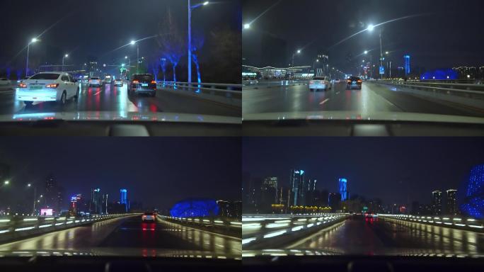 夜晚加班下班在城市高架桥匝道开车变道视频