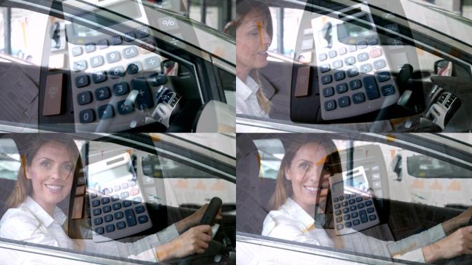 计算器和多张纸漂浮在车里的妇女身上的动画