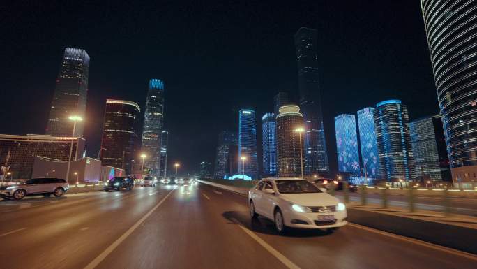 车载拍摄北京CBD夜景 车拍城市道路