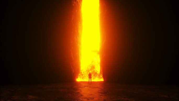 一个孤独的人站在地狱之门前。
