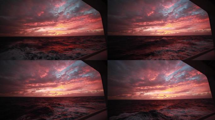 船上窗外和船头的风景红色的天空