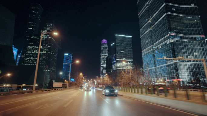 车载拍摄北京CBD夜景 车拍城市道路