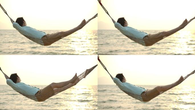 放松的男性游客正在享受他的暑假