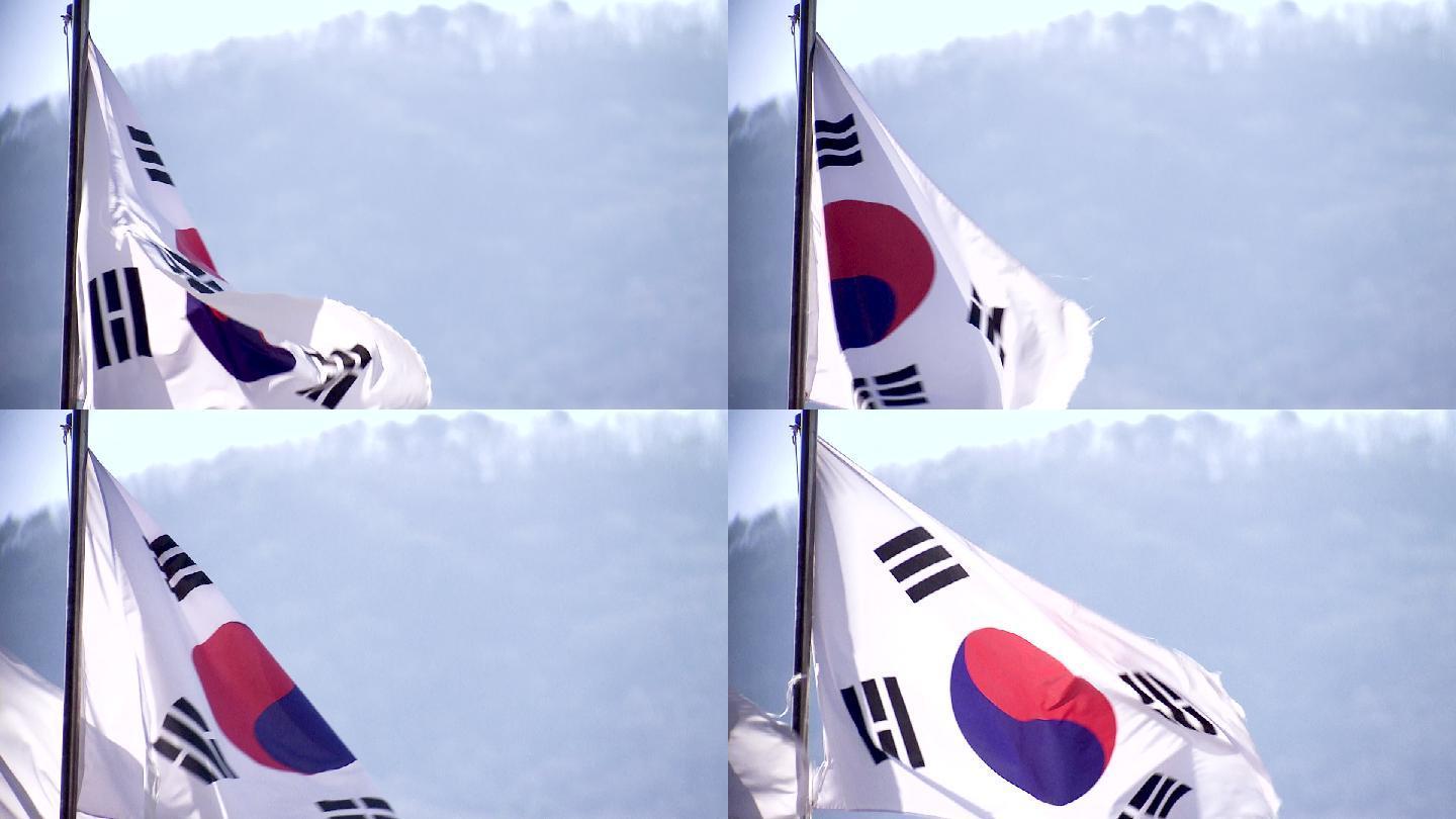 韩国国旗迎风飘扬太极旗飘扬