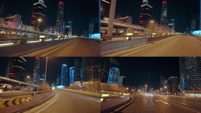 车载拍摄北京CBD夜景 车拍城市道路