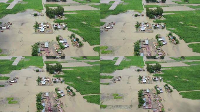 孟加拉国达卡省被季风雨淹没的住宅区鸟瞰图