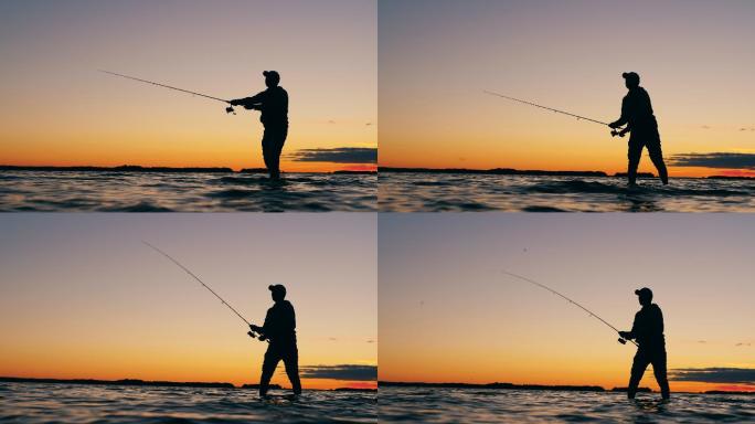 一名男子抛下鱼竿海钓钓鱼人大海夕阳下钓鱼