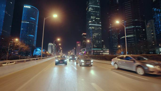 车载拍摄北京CBD夜景 车拍城市道路