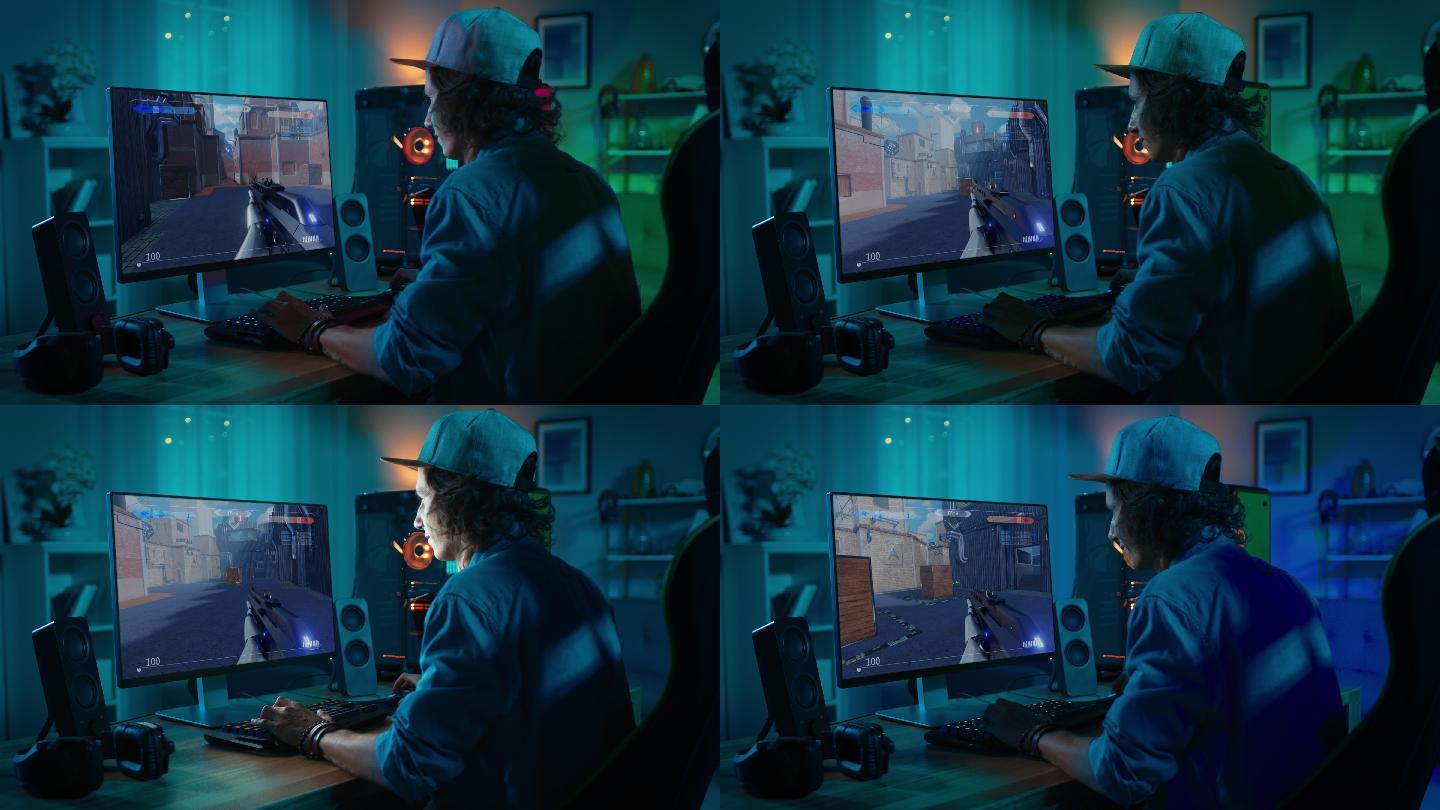 电子竞技玩家在电脑上玩3D射击模拟游戏