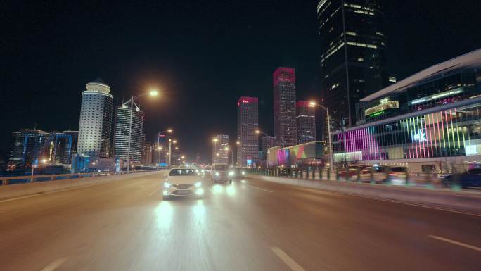 车载拍摄北京CBD夜景车拍城市道路