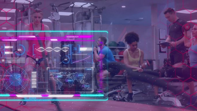 在健身房锻炼的人身上处理数据的发光界面
