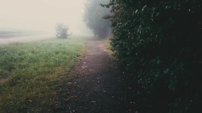 在雾和雨中走在人行道上。黄昏的小路。