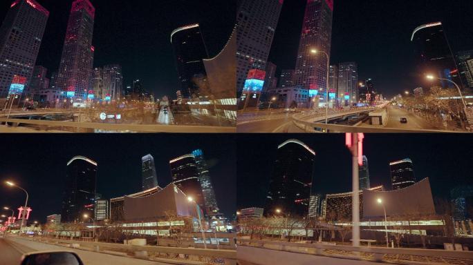 车载拍摄北京CBD夜景车拍城市道路