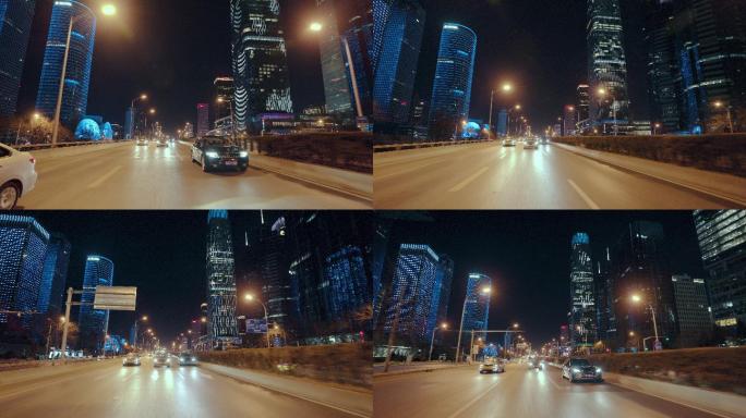 车载拍摄北京CBD夜景车拍城市道路