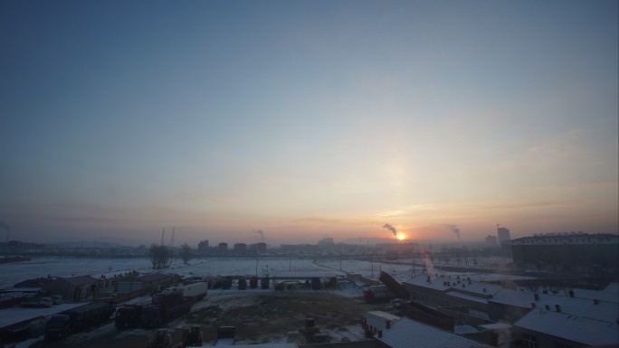 冬日平原村落雪景日出延时