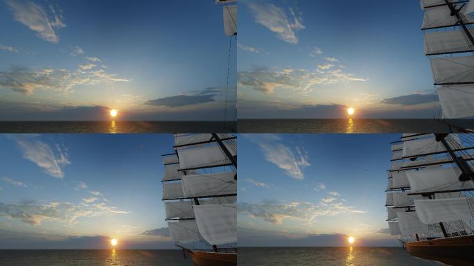 海上帆船迎着太阳扬帆远航