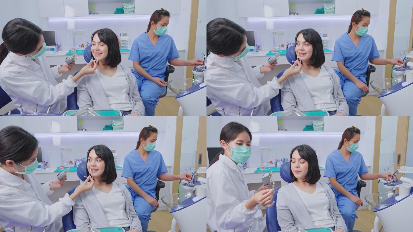 亚洲女牙医和助理洗牙医生补牙修牙种牙拔牙