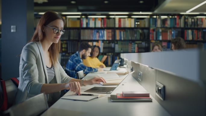 大学图书馆：女孩使用笔记本电脑