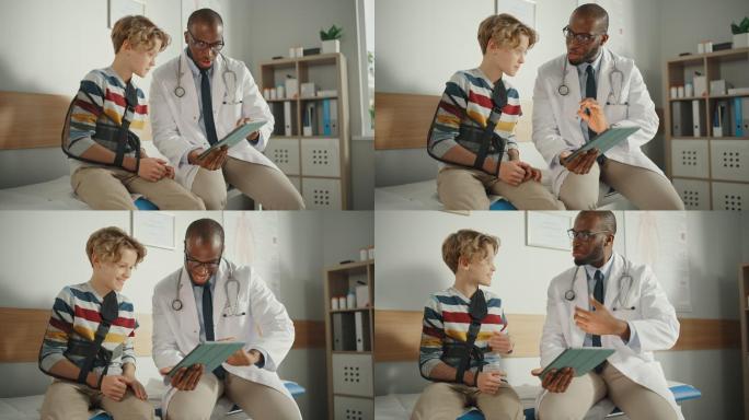 家庭医生与一名戴着护臂的小男孩交谈