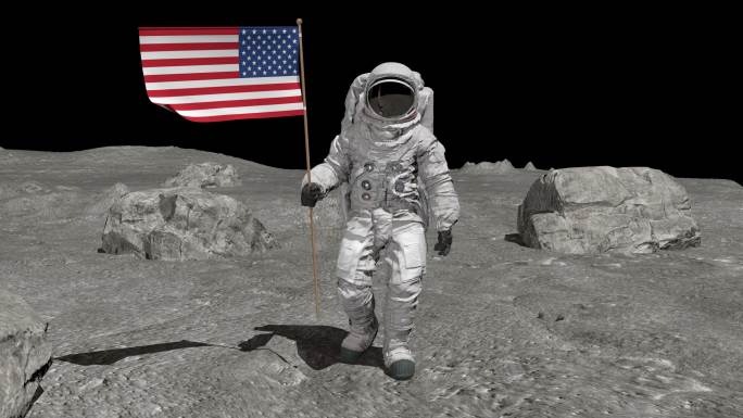 拿着美国国旗在月球上行走的宇航员