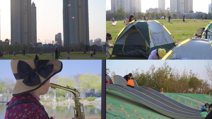 公园 放风筝 吹萨克斯 搭帐篷 沙堆